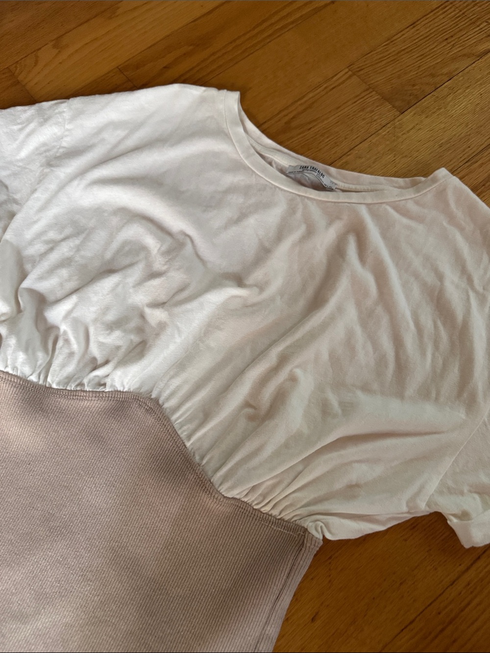 Zara White and Cream Short Sleeve Knit-Panel Dress